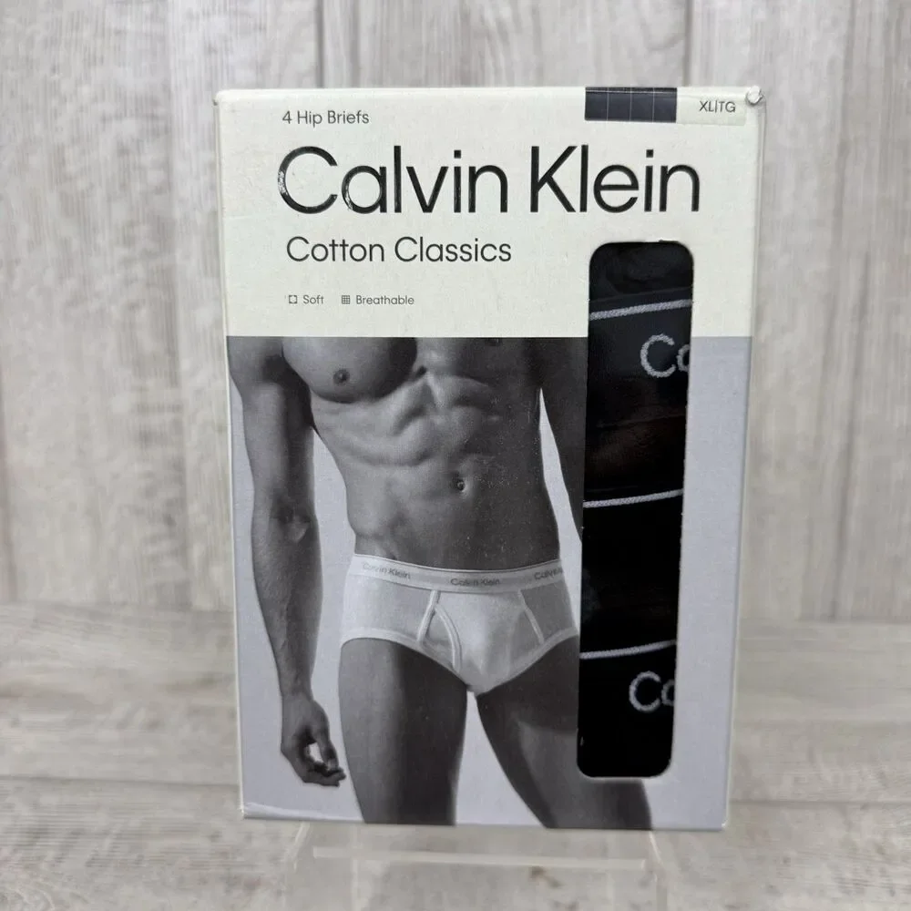 Calvin Klein Mens XL Black Cotton Classics Hip Briefs Underwear 4-Pack Soft New